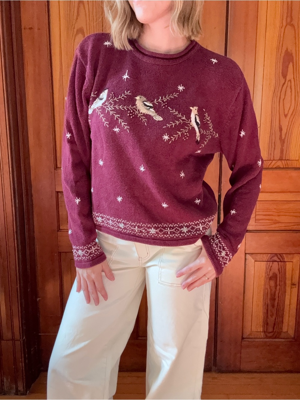 Women's Burgundy Bird-Embroidered Sweater